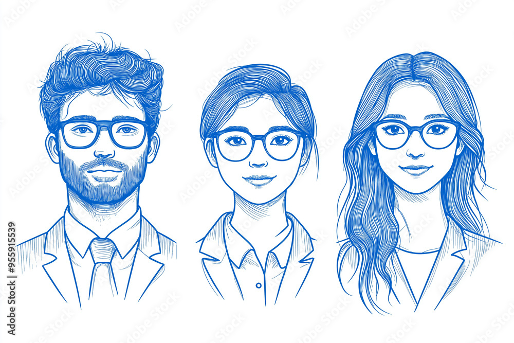 Blue Line Portraits: Three diverse individuals wearing glasses, drawn in a minimalist blue line style. A modern and stylish portrayal of individuality and contemporary fashion. Blue Line Portraits: Three diverse individuals wearing glasses, drawn in a minimalist blue line style. A modern and stylish portrayal of individuality and contemporary fashion.