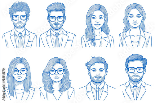 The Faces of Modern Business: A blue-toned illustration of diverse professionals, showcasing a range of genders and styles for a contemporary corporate aesthetic. 