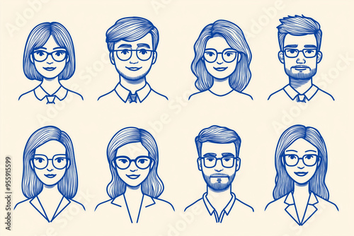 Blue Sketch People with Glasses 