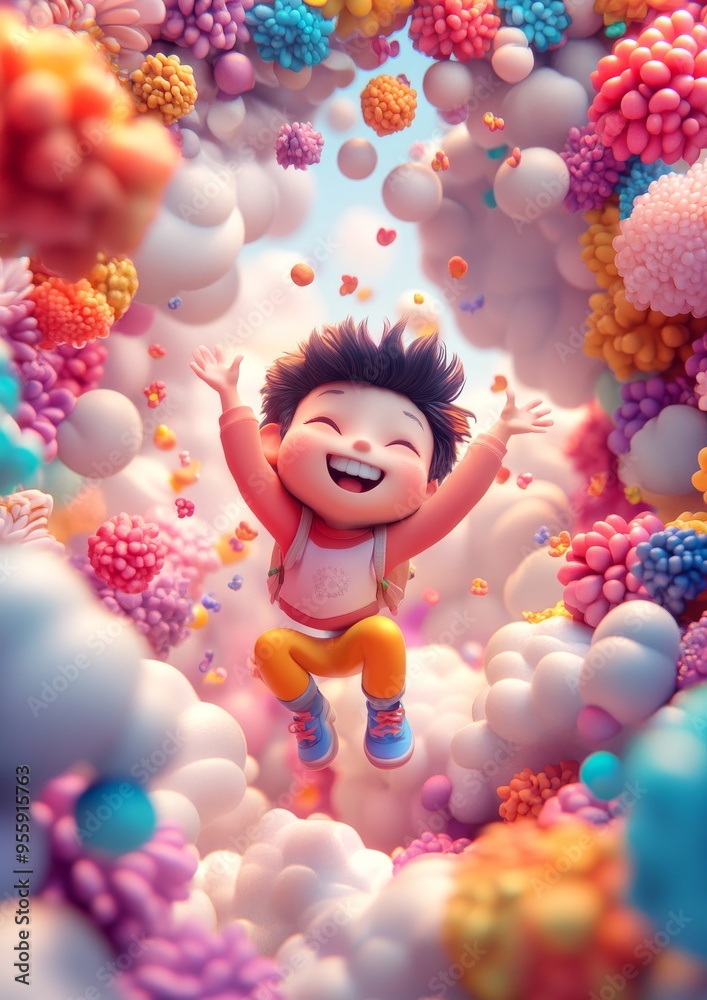 Dynamic Backflip on Trampoline with Floral Fantasy Background in 3D Art Deco Style Dynamic Backflip on Trampoline with Floral Fantasy Background in 3D Art Deco Style