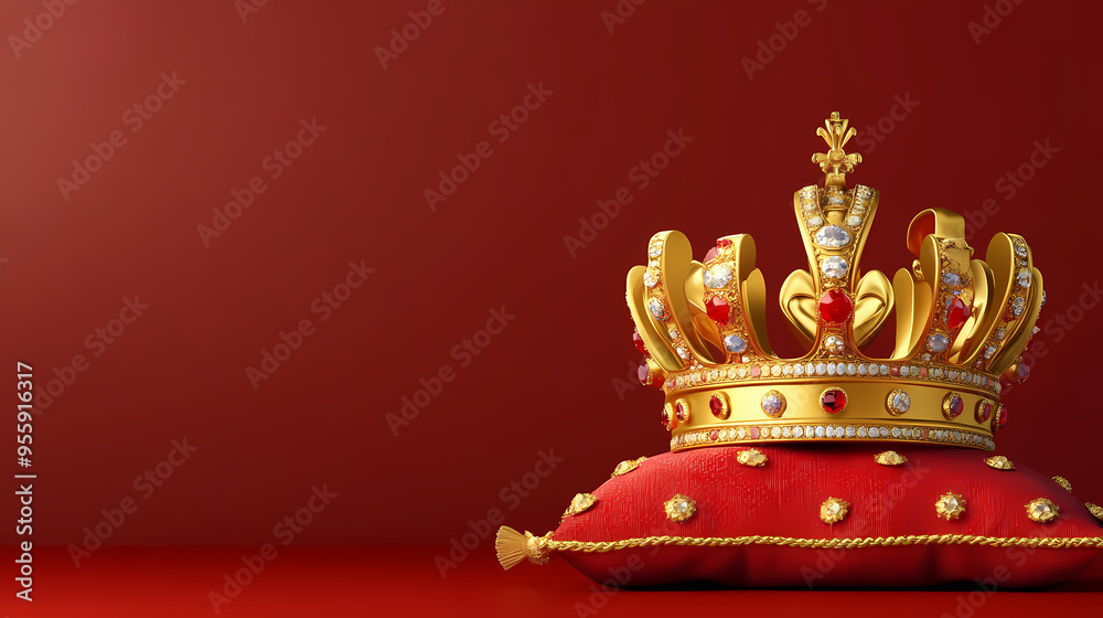 Obraz premium Royal gold crown with diamonds on red velvet pillow, majestic imperial crown for coronation, luxury monarch headpiece on royal cushion