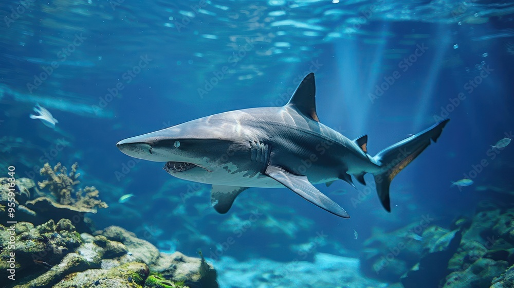 Underwater scene featuring a shark swimming among coral and other aquatic life. Underwater scene featuring a shark swimming among coral and other aquatic life.