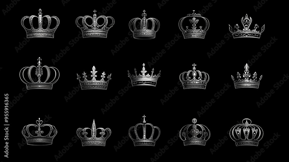 King crowns icon silhouette, queen tiara, royal crown logo. power dynasty royalty emblem, vintage heraldic black symbols vector set. Royalty. Illustration