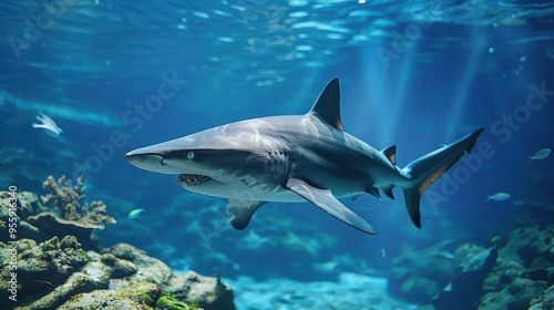 Underwater scene featuring a shark swimming among coral and other aquatic life.