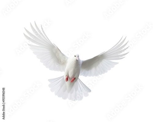 White doves in flight with spread wings symbolize peace and freedom, making them suitable for designs related to themes of hope, love, spirituality, and nature