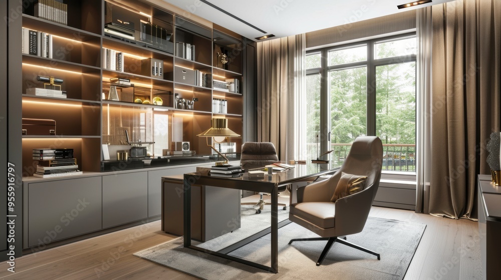 Sleek and Stylish Home Office. Modern work space concept Sleek and Stylish Home Office. Modern work space concept