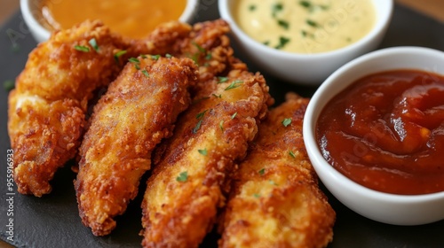 Crispy chicken tenders served with a variety of dipping sauces, including tangy barbecue, sweet and sour, and zesty honey mustard, a crowd-pleasing appetizer.