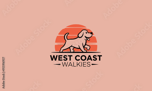 A happy dog walking in front of a sunset, representing a dog-walking service.