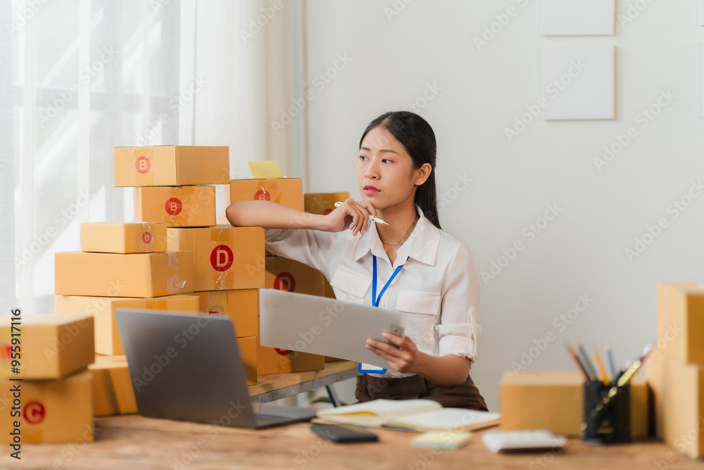 E-commerce Contemplation: Young Asian entrepreneur ponders next business move amidst a flurry of shipping boxes, embodying the challenges and triumphs of online retail. E-commerce Contemplation: Young Asian entrepreneur ponders next business move amidst a flurry of shipping boxes, embodying the challenges and triumphs of online retail.