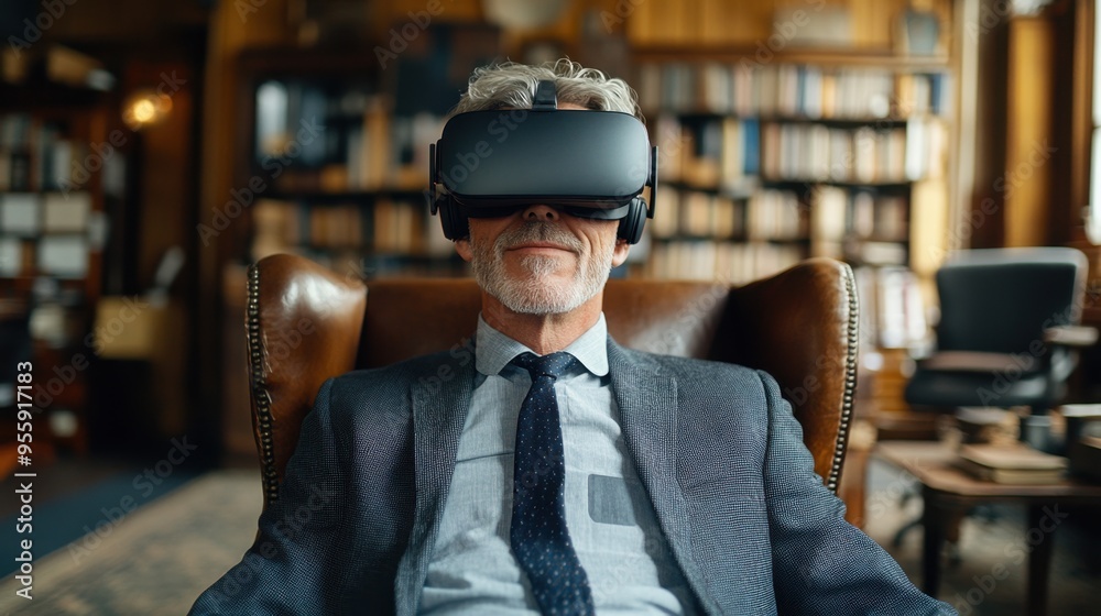 A man in a suit wearing a VR headset, seated in a cozy library setting. A man in a suit wearing a VR headset, seated in a cozy library setting.