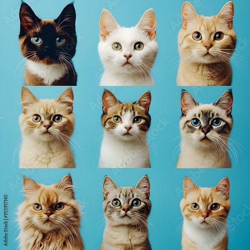 Diverse Collection of Feline Portraits with Vibrant Cat Breeds on Baby Blue Background