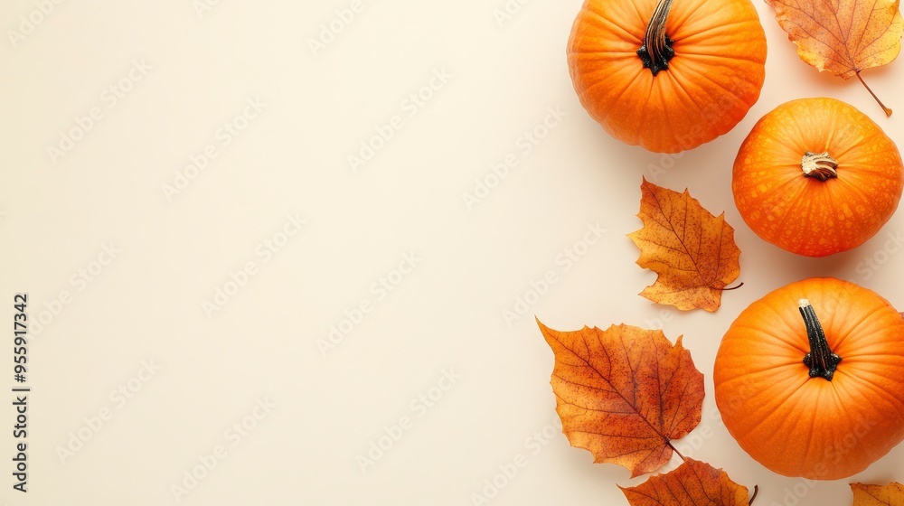 Pumpkins with autumn leaves on light background with space for text with generative ai Pumpkins with autumn leaves on light background with space for text with generative ai