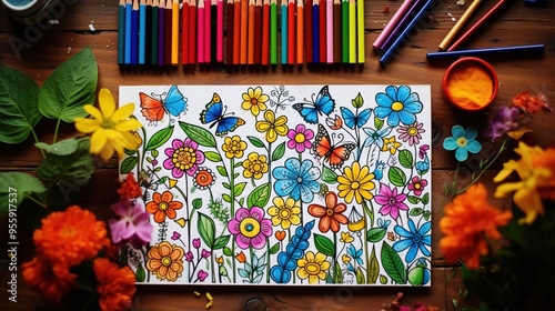 Creative Flower Garden Illustration with Bees and Butterflies for Kids' Drawing. The Design Features a Vibrant Garden Scene Filled with Colorful Flowers, Friendly Bees, and Playful Butterflies,