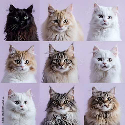 Diverse Portraits of Domestic and Exotic Feline Breeds on Pale Lilac Background