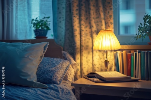 A cozy bedroom with a book and a reading lamp on the bedside table.