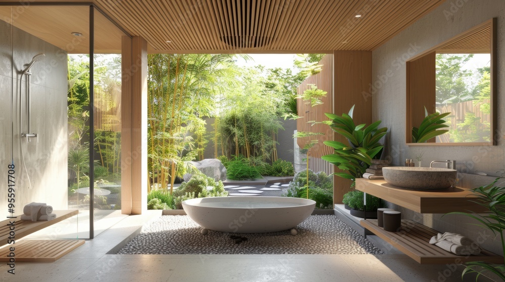 Fototapeta premium Tranquil Oasis. Serene Zen inspired bathroom with bamboo accents, a soaking tub, and a view...