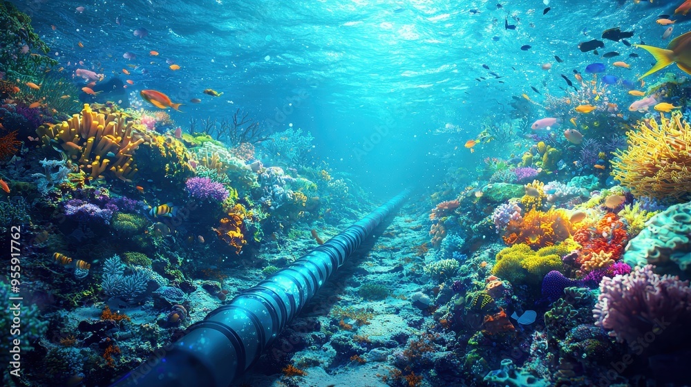 Fototapeta premium Underwater scene showing vibrant coral reefs and marine life surrounding a submerged pipeline in clear blue water.