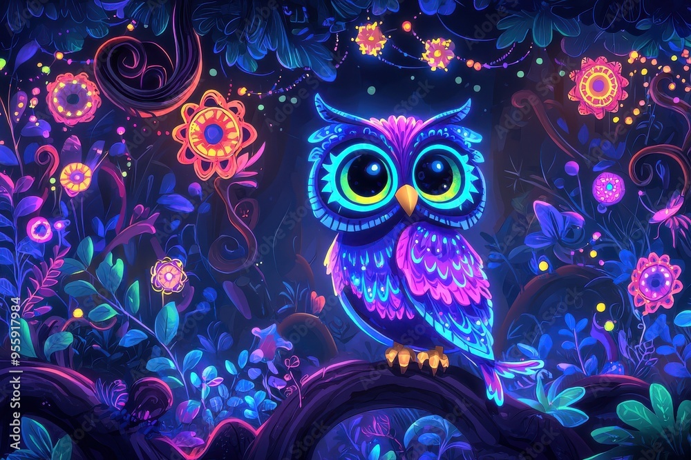 Obraz premium Whimsical Neon Owl in Enchanted Floral Fantasy Forest