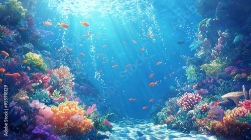 Vibrant underwater scene showcasing colorful coral and lively fish in a sunlit ocean environment.