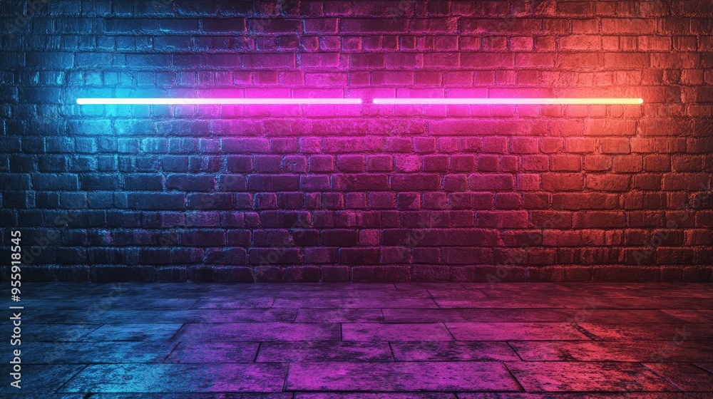 Modern neon lights on old grunge brick wall Modern neon lights on old grunge brick wall