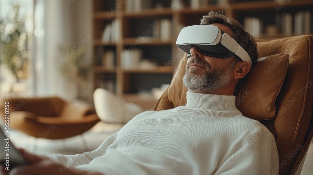 A man wearing VR goggles relaxes in a modern living space. A man wearing VR goggles relaxes in a modern living space.