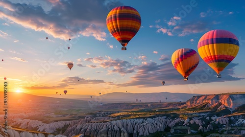 Inspirational sunrise with colorful hot air balloons drifting over a picturesque valley, travel destination.