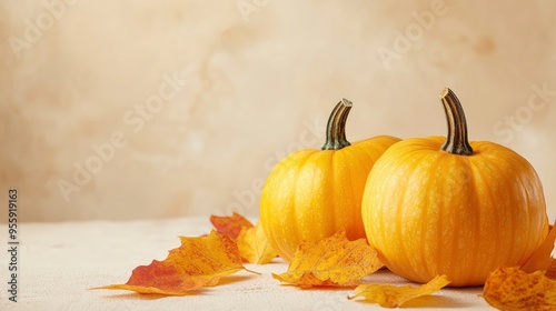 Pumpkins with autumn leaves on light background with space for text with generative ai