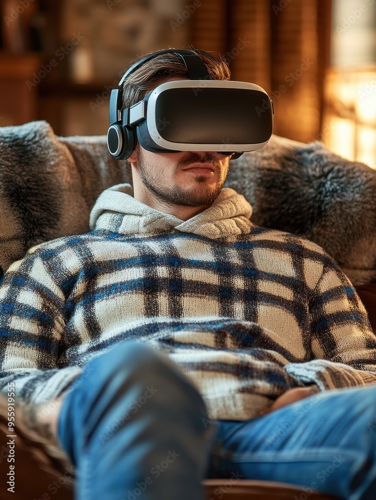 Obraz premium A person wearing a VR headset, immersed in a virtual experience while relaxing at home.