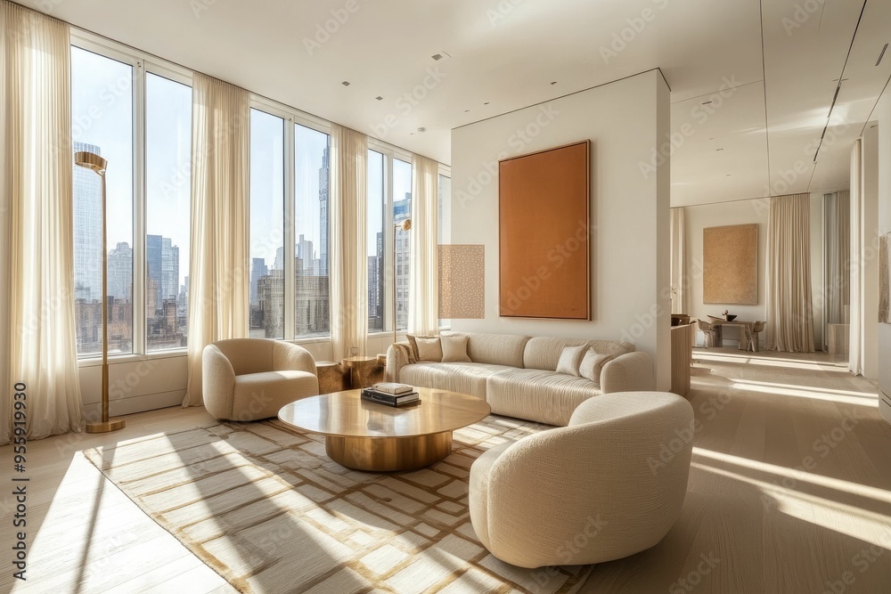 Modern Living Room with Cityscape View Modern Living Room with Cityscape View