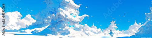 Whimsical Winter Naadam Snow Sculpture: Enchanting Anime-Style Illustration for Cultural Celebration. Vibrant and Soothing Artwork Perfect for NFT, Wallpaper, Apparel Design, and Seasonal Marketing. E photo