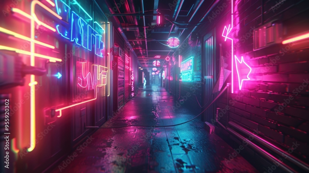 A dynamic composition of glowing neon signs, captured in a dark, urban environment A dynamic composition of glowing neon signs, captured in a dark, urban environment