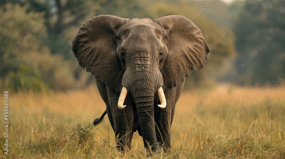 Fototapeta premium A mother elephant and her calf walking through a grassy plain with an expansive horizon.