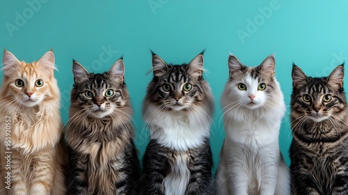 Five Elegant Feline Portraits on Turquoise Background