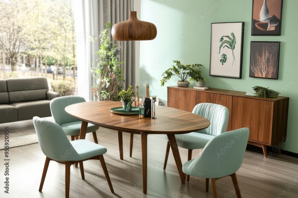 Fototapeta premium Scandinavian dining room with light green walls, an oval wooden table, matching chairs, a modern sofa, and a walnut cabinet.