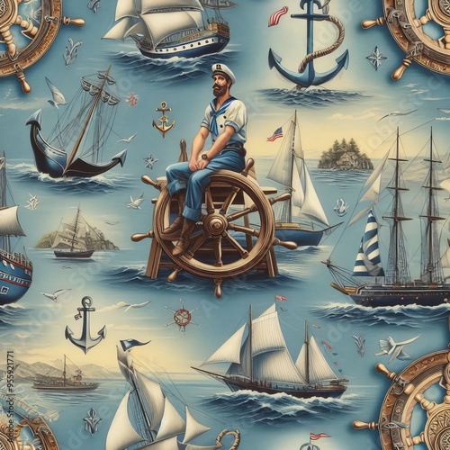 51 11 Nautical print oilcloth Oilcloth with nautical themes such photo