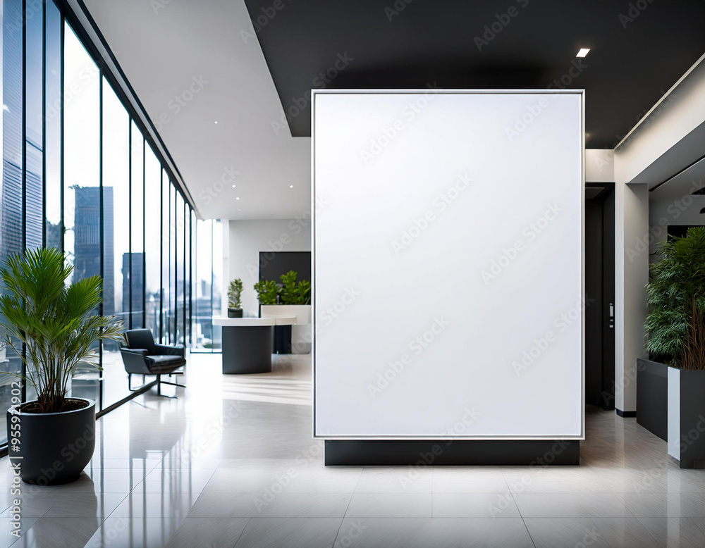 Modern concrete gallery interior with empty white mock up billboard and decorative plant. Exhibition 
