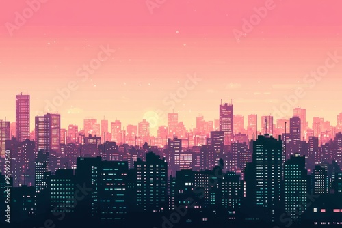 Twilight city skyline with a gentle gradient and warm city lights glowing softly. Cozy vibe, Generative AI 