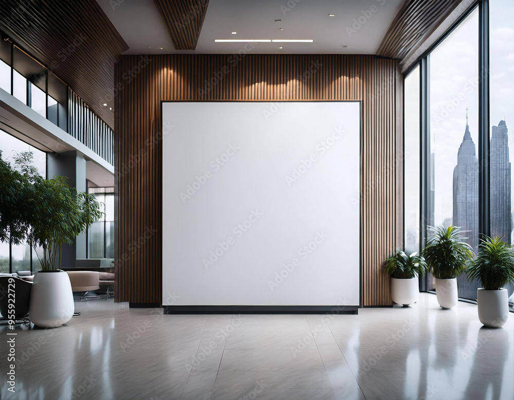 Modern concrete gallery interior with empty white mock up billboard and decorative plant. Exhibition Modern concrete gallery interior with empty white mock up billboard and decorative plant. Exhibition