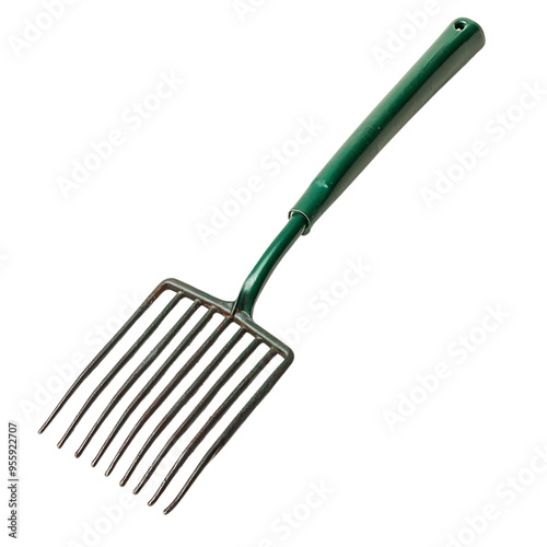 Green Handled Garden Tool with Metal Tines for Loosening Soil and Aerating Roots with Transparent Background