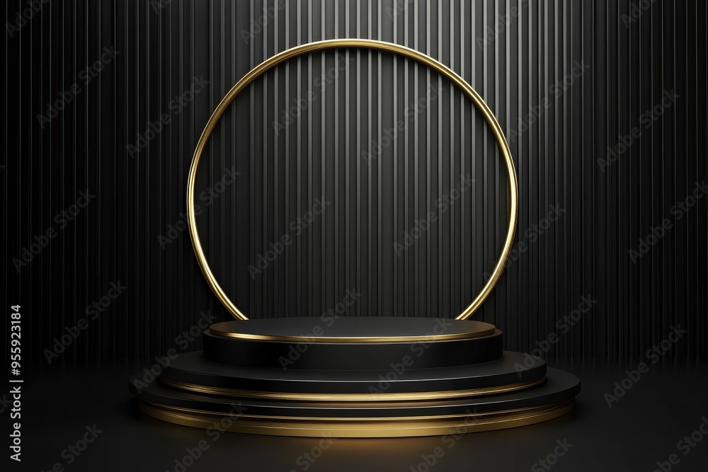 Realistic 3Dblack, gold steps cylinder pedestal podium set with golden ring background. Abstract luxury minimal scene mockup products display. Black friday sale stage showcase. with generative ai Realistic 3Dblack, gold steps cylinder pedestal podium set with golden ring background. Abstract luxury minimal scene mockup products display. Black friday sale stage showcase. with generative ai