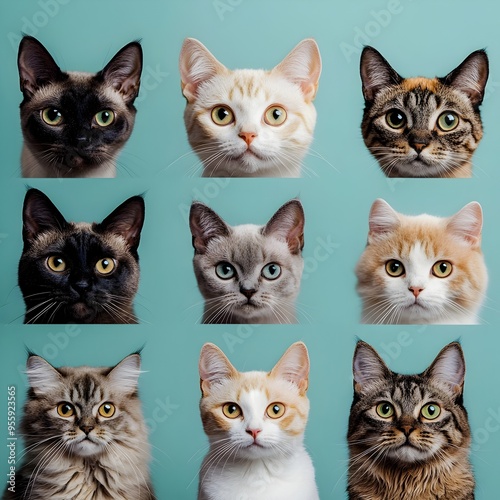 Diverse Feline Portraits of Worldwide Cat Breeds on Pale Blue Background