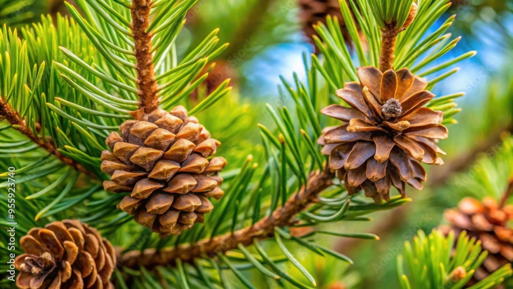 Fototapeta premium Close up of conifer branch with needles and pine cones in various sizes , Evergreen, nature, pine, tree, forest, green, close-up