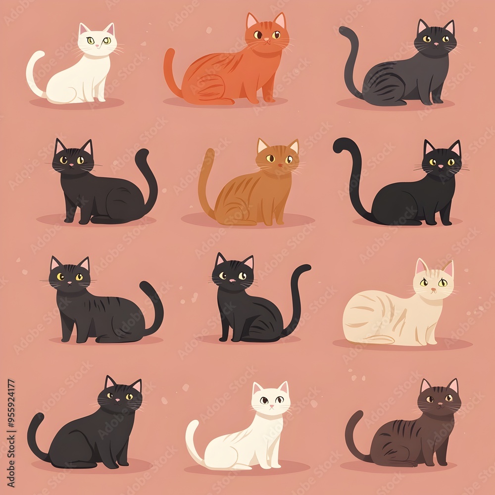 Charming Cartoon Cats in a Variety of Breeds and Colors Against a Dusty Rose Background Charming Cartoon Cats in a Variety of Breeds and Colors Against a Dusty Rose Background