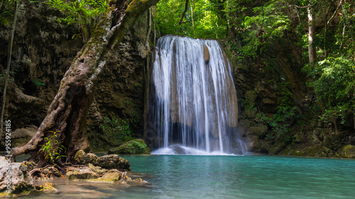 Deep forest waterfall in Thailand. Erawan waterfall National Park Kanjanaburi Thailand.