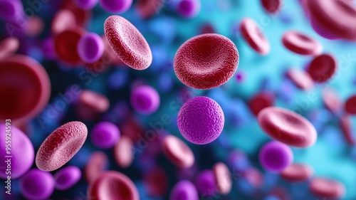 A close-up view of red blood cells and plasma cells floating in fluid, representing biological processes and health.