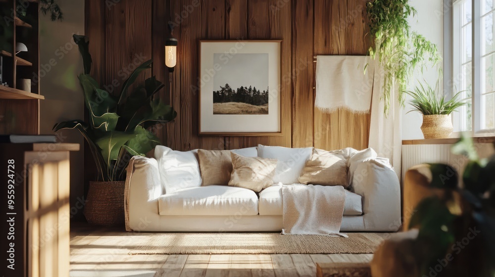Fototapeta premium White Sofa in a Rustic Cabin Interior with Sunlight Streaming In