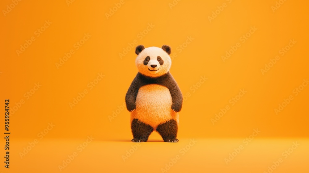 A cute panda standing against a vibrant orange backdrop, showcasing its distinctive black and white markings. A cute panda standing against a vibrant orange backdrop, showcasing its distinctive black and white markings.
