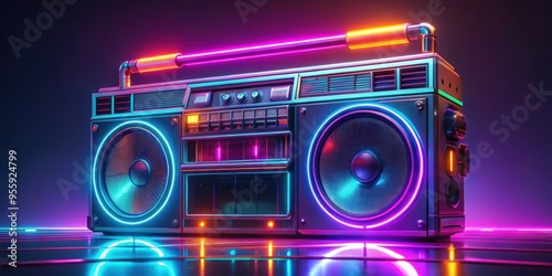 Retro futuristic boom box with neon lights and futuristic design, retro, futuristic, boom box, neon, lights, design, vintage