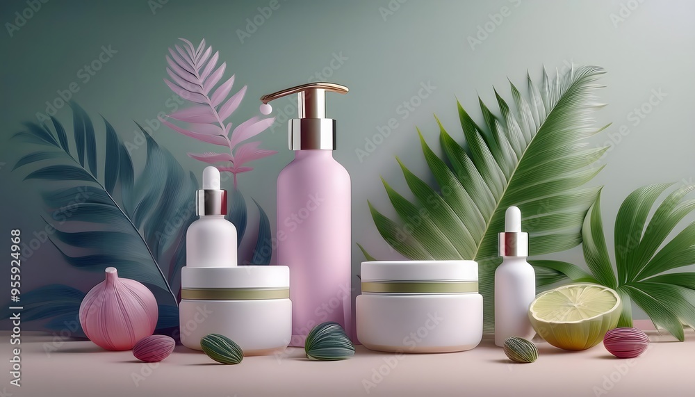 Cosmetic bottles and packaging on the background of LED lights in a natural atmosphere. Cosmetic bottles and packaging on the background of LED lights in a natural atmosphere.