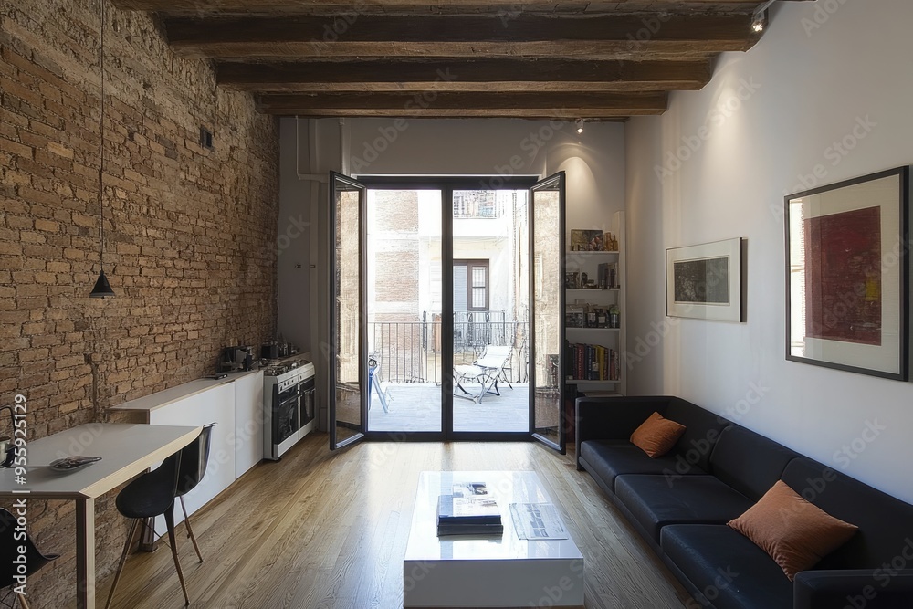 Fototapeta premium Modern Interior Design with Exposed Brick Wall and Wooden Beams